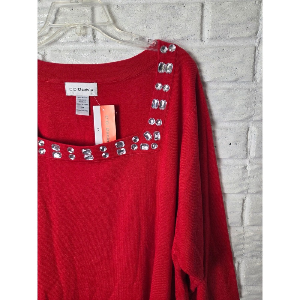 Women's 5X C.D. Daniels lightweight sweater Red rhinestone gems 3/4 sleeve NWT - Picture 2 of 9